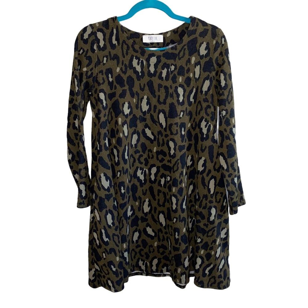 Peach Love Leopard Print Sweater Dress Small‎ Cozy Knit Long Sleeve